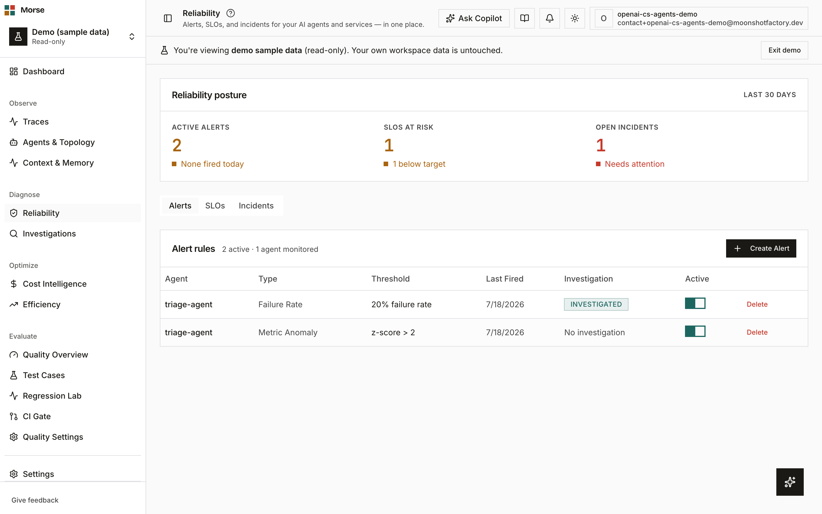 The Reliability page on the Alerts tab, with the posture strip above it