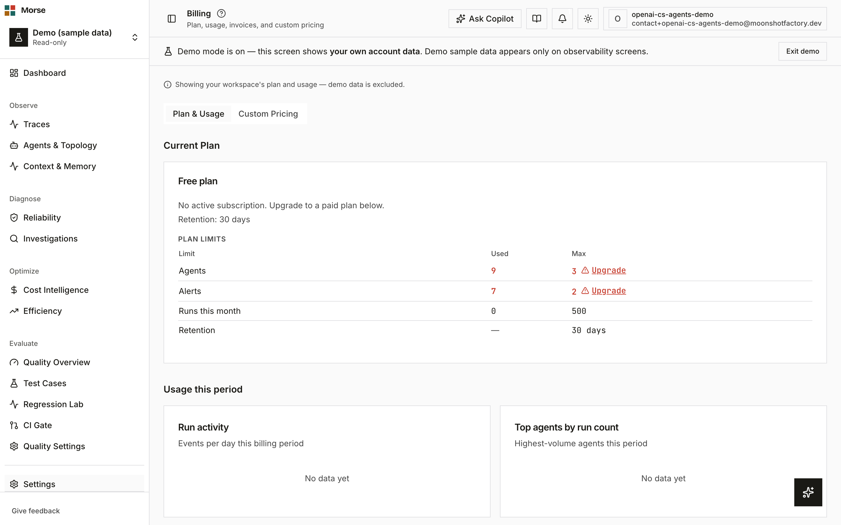 The Billing page with the plan card, plan limits table, and plan grid