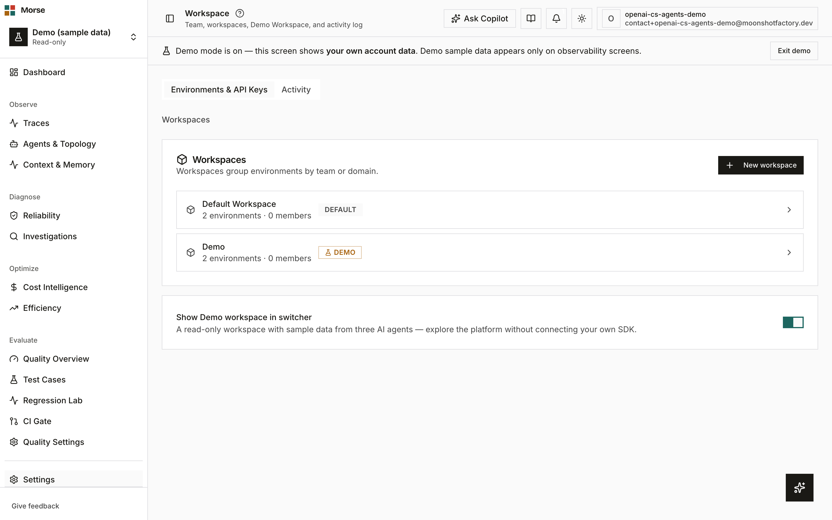 The Workspace page on the Environments & API Keys tab with a workspace expanded